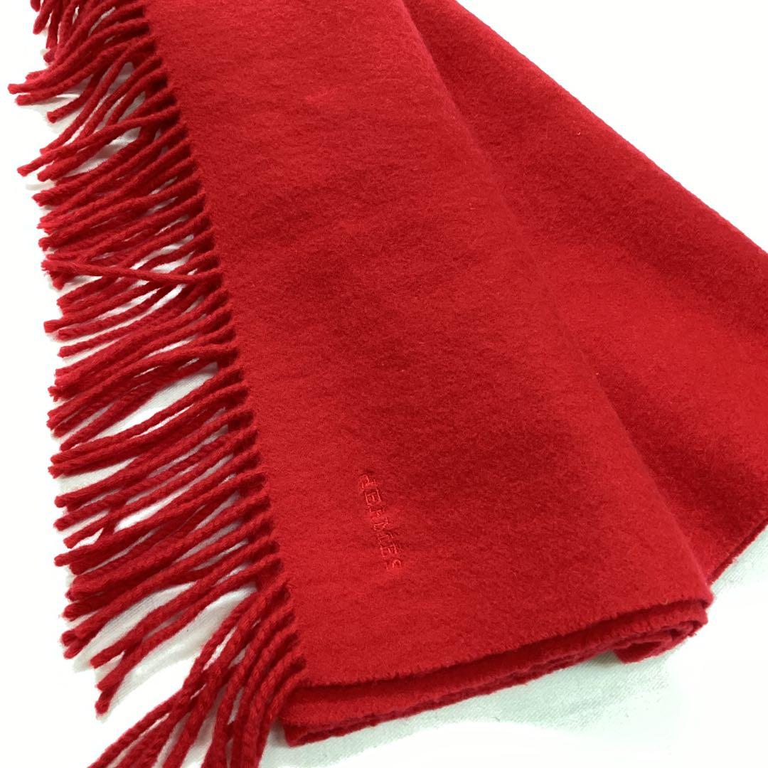 P エルメス　HERMES 赤 マフラー フリンジ付き