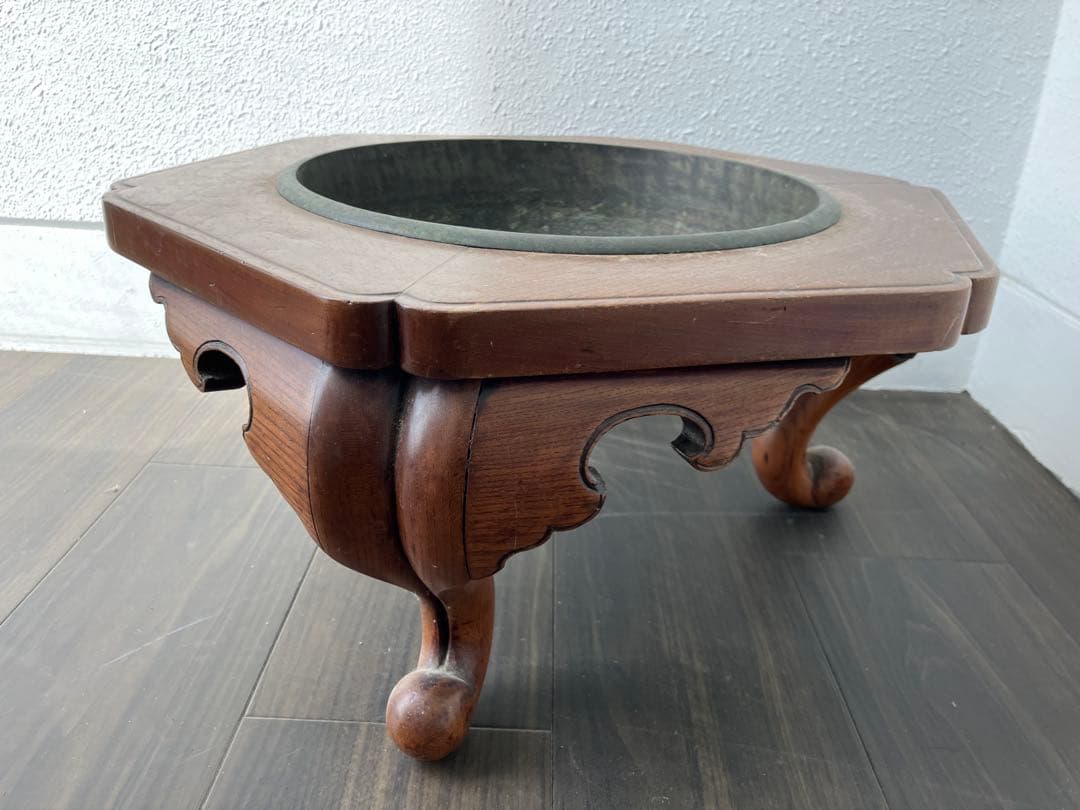 アンティーク　六角形木製火鉢金属皿付き