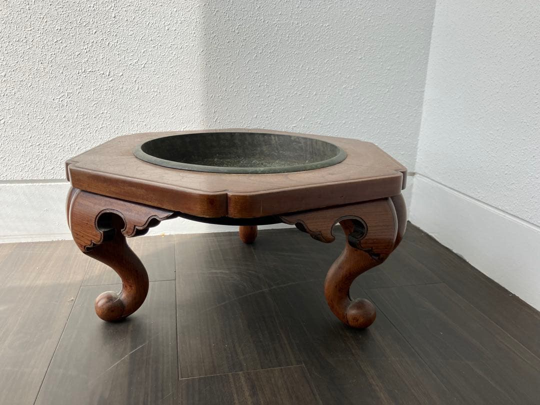 アンティーク　六角形木製火鉢金属皿付き