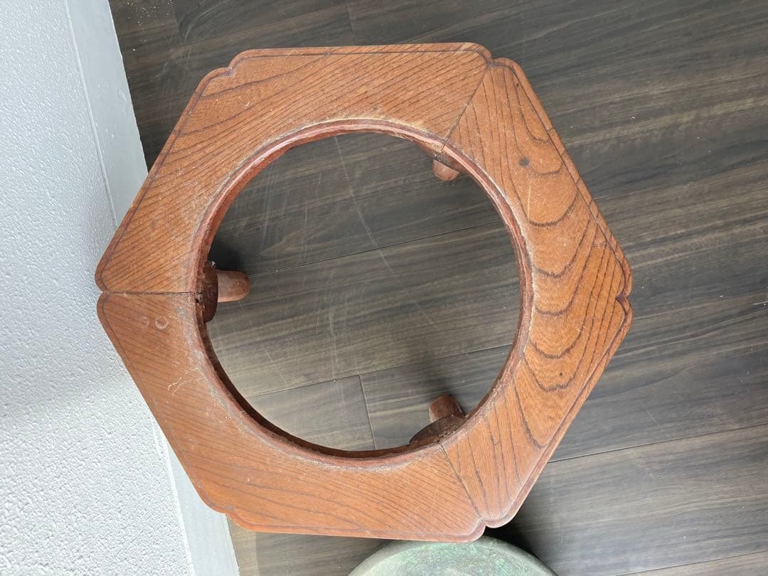 アンティーク　六角形木製火鉢金属皿付き