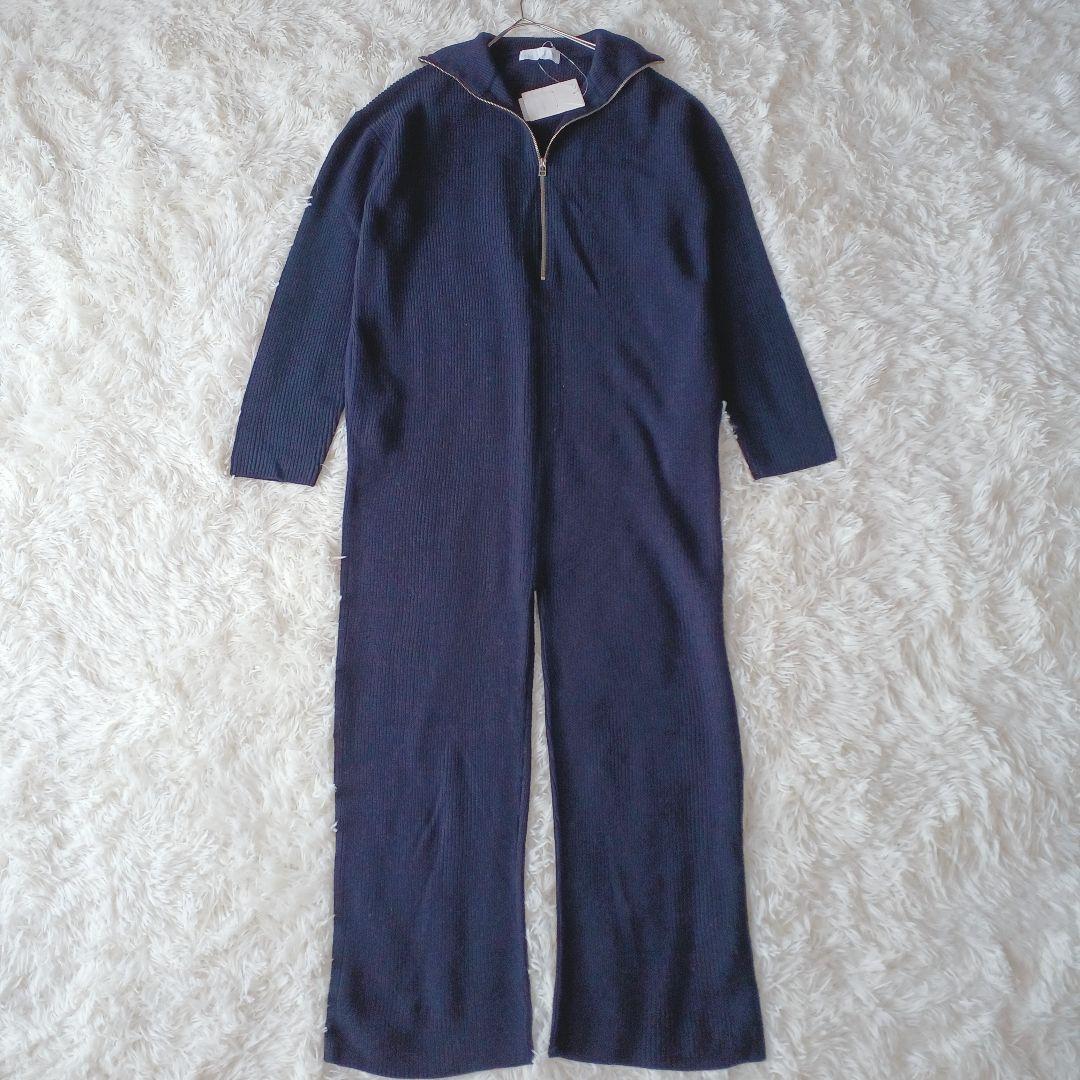 新品タグ付き☆AP STUDIO ハーフジップ ニット ジャンプスーツ濃紺