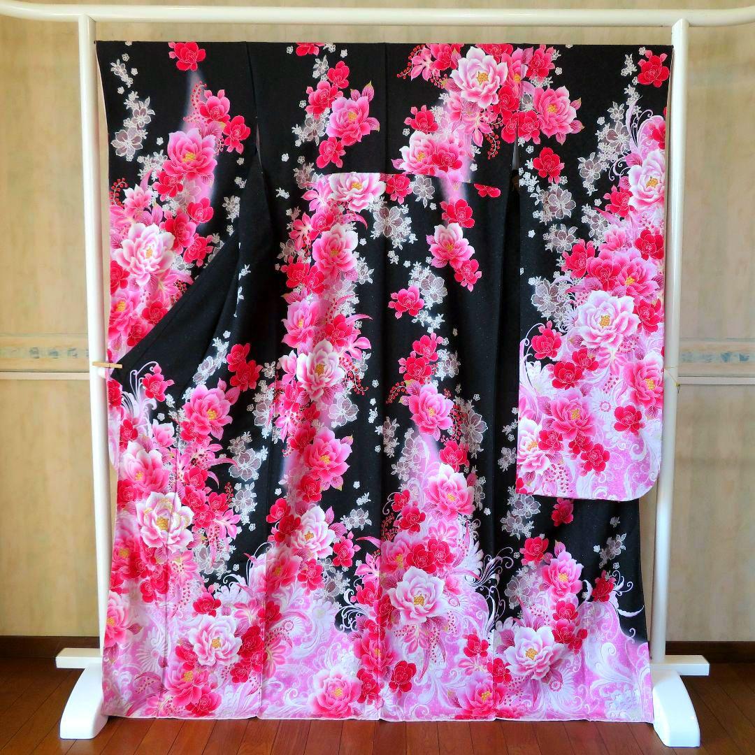 5008　振袖　単品　成人式　結婚式　卒業式　黒　正絹　バラ