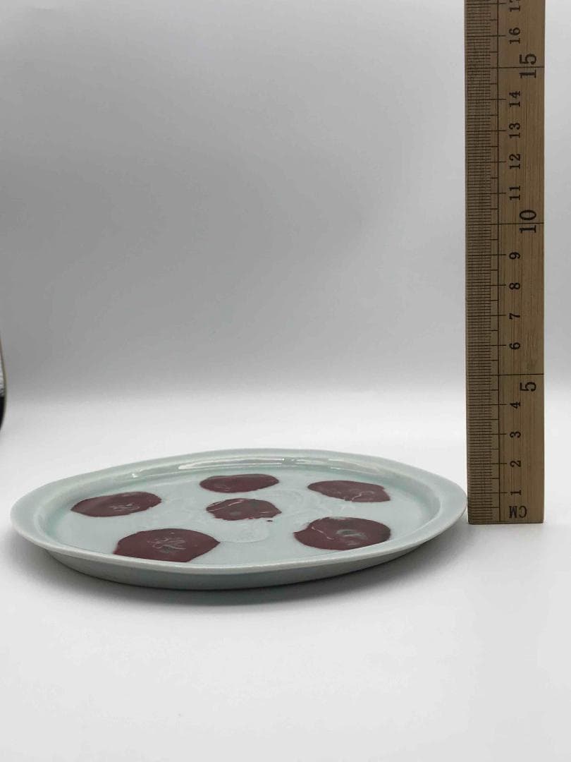 元時代　白釉釉裏紅飛斑暗刻龍紋盤　古盤　皿　唐物　古賞物　(D-43)