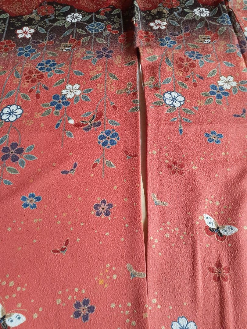 正統派 古典柄 振袖 朱赤 波文様 花鳥 身丈160 裄66