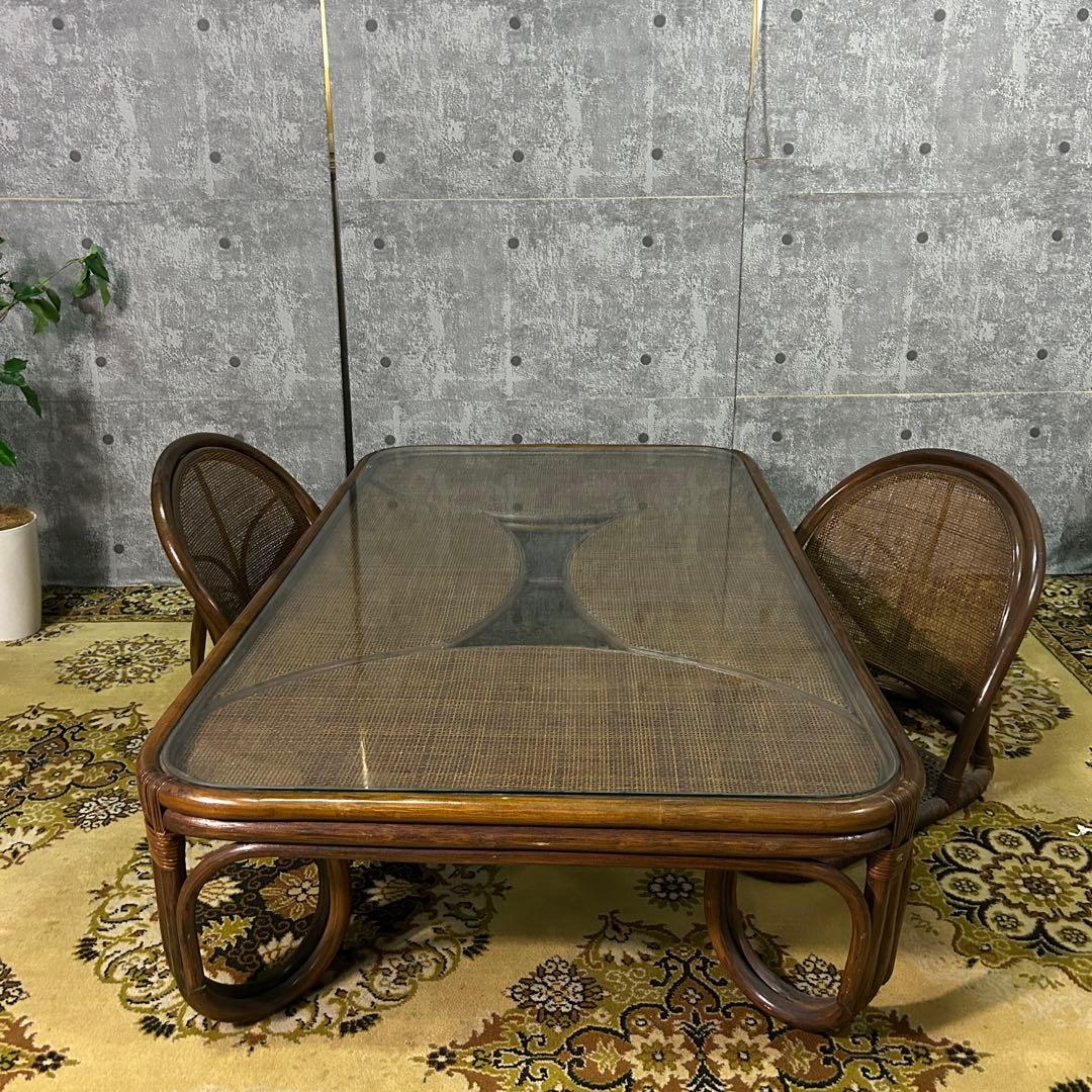 ꧁籐家具꧂ラタン座卓&座椅子2脚セット ガラス 食卓 机 椅子 いす イス