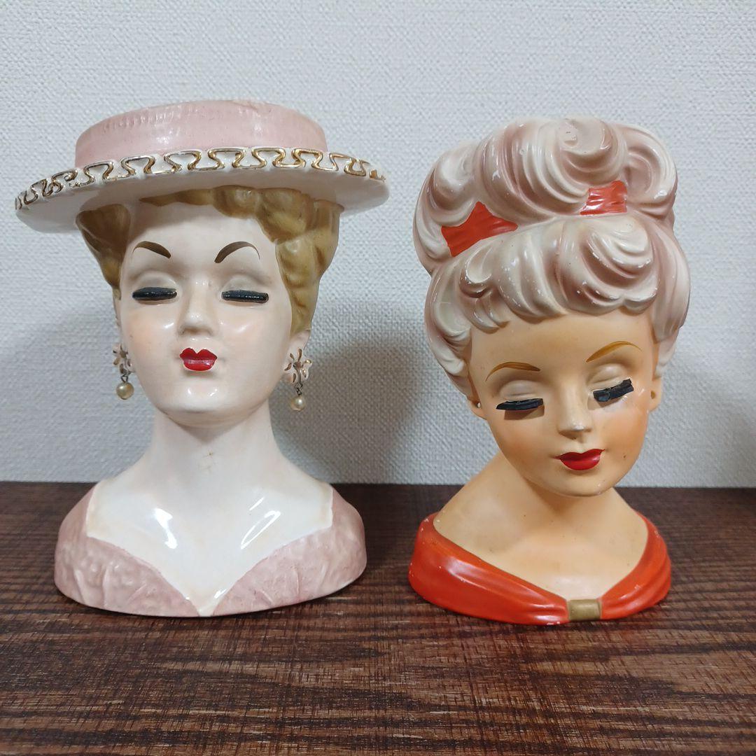 ビンテージ レディヘッドベース 陶器製の置物花瓶　薄紫とオレンジ　2点セット