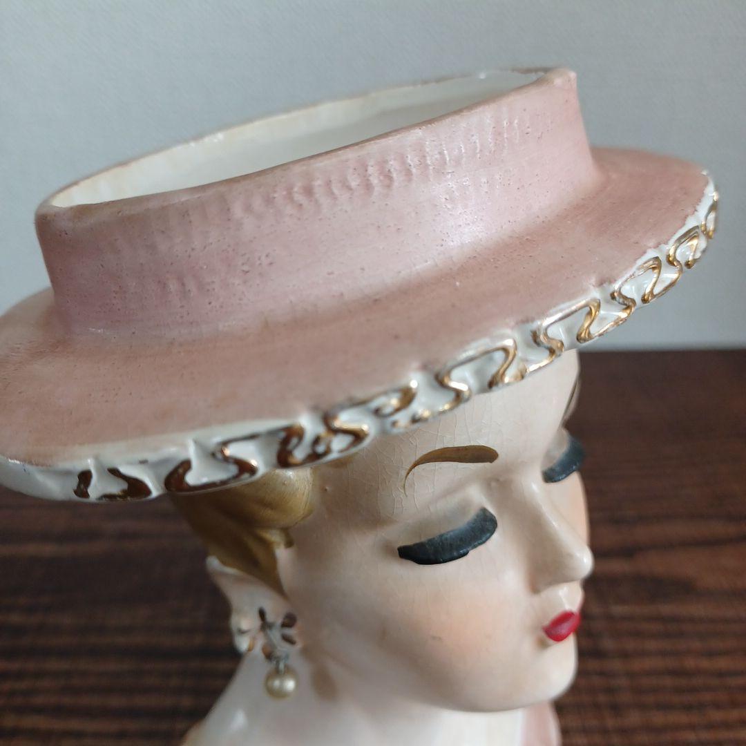 ビンテージ レディヘッドベース 陶器製の置物花瓶　薄紫とオレンジ　2点セット