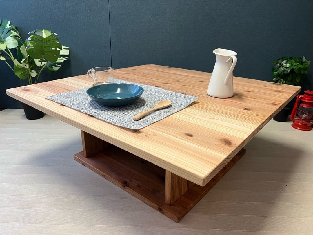 【送料無料】 ローテーブル 正方形 90cm 杉 ナチュラル 棚付き