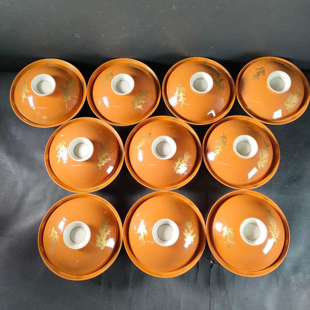 C11-3/素明 銘/金彩京焼蓋茶碗10客組/小鉢/蓋物/茶碗/飾皿/懐石料理