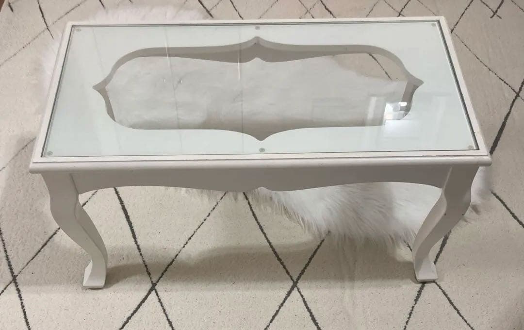 ホワイト 姫系家具 猫足 ロココ調ガラスローテーブル 横幅75cm 引き取りも可