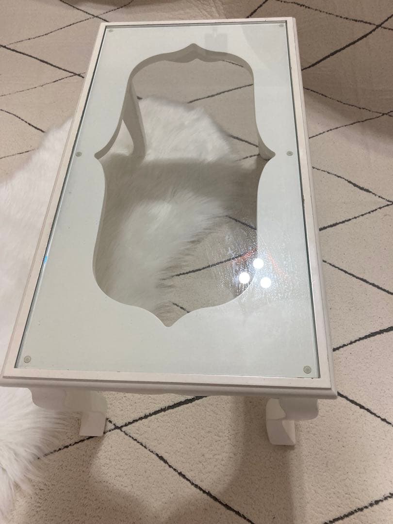 ホワイト 姫系家具 猫足 ロココ調ガラスローテーブル 横幅75cm 引き取りも可