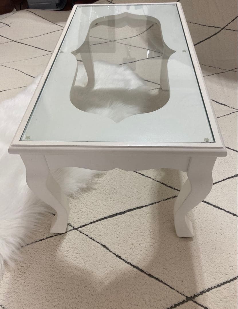 ホワイト 姫系家具 猫足 ロココ調ガラスローテーブル 横幅75cm 引き取りも可