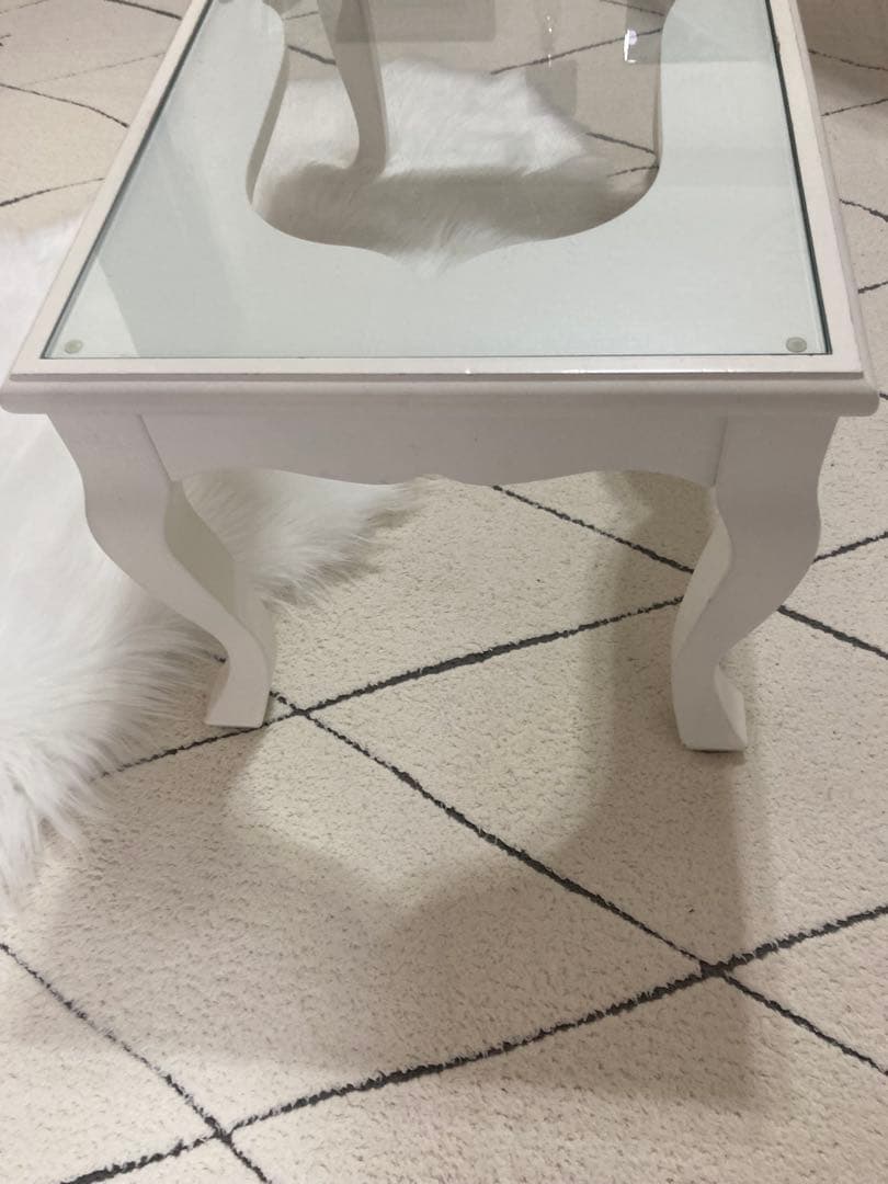 ホワイト 姫系家具 猫足 ロココ調ガラスローテーブル 横幅75cm 引き取りも可
