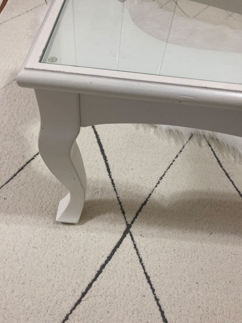 ホワイト 姫系家具 猫足 ロココ調ガラスローテーブル 横幅75cm 引き取りも可