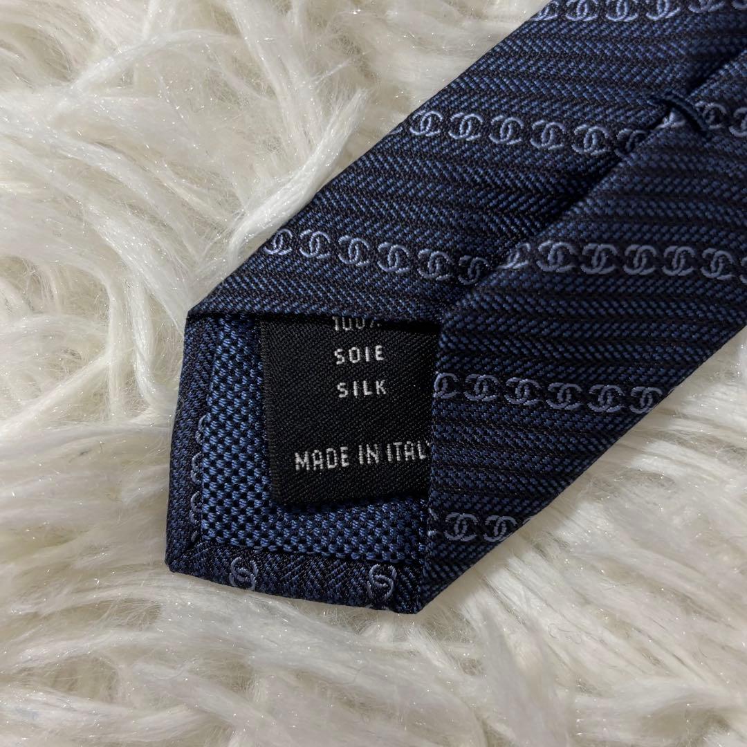 【現行】シャネル ネクタイ CC柄 ココマーク シルク100% ネイビー