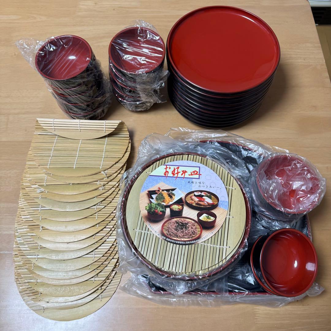 ざるそば 器 竹すだれ お盆　朱渕黒 セット　美品