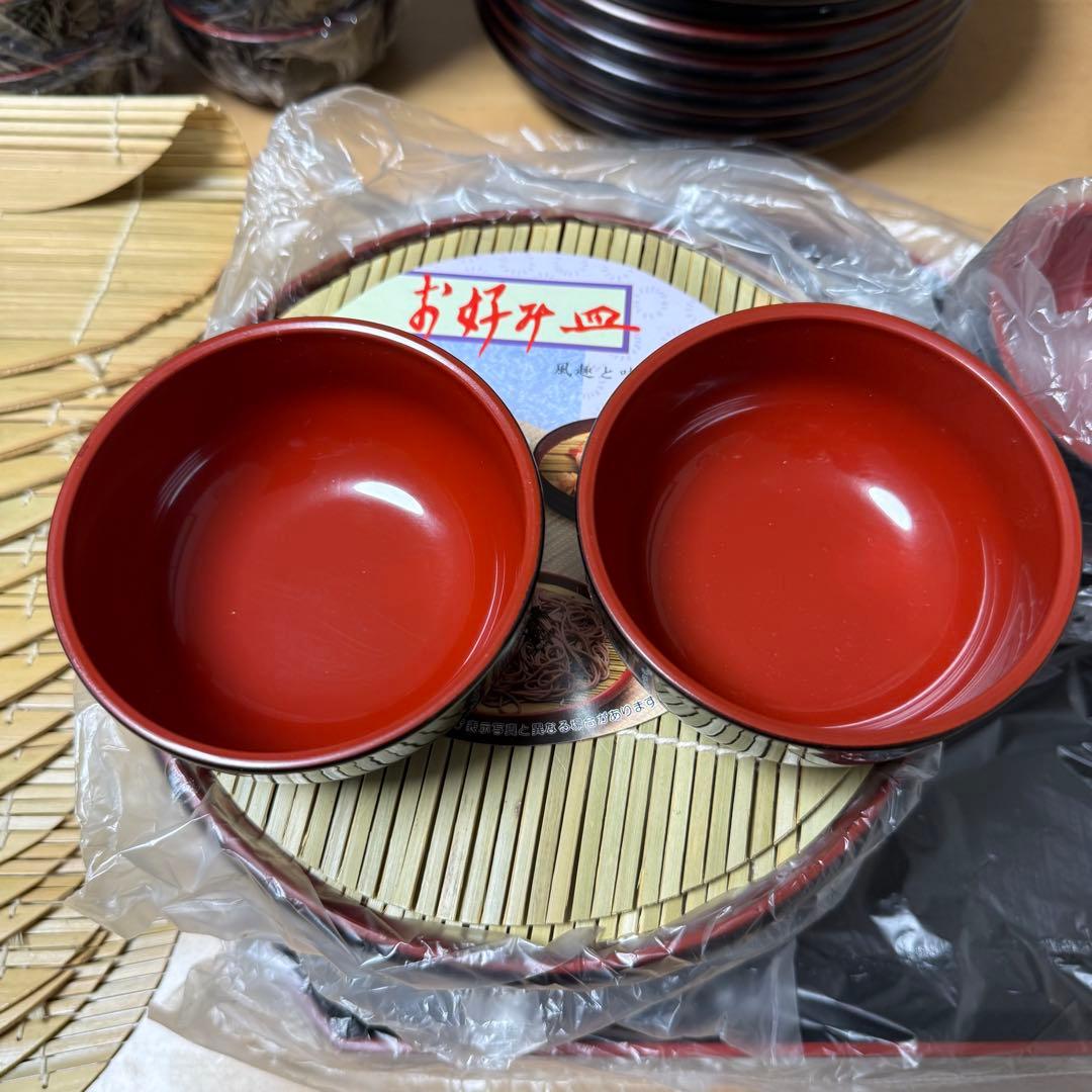ざるそば 器 竹すだれ お盆　朱渕黒 セット　美品