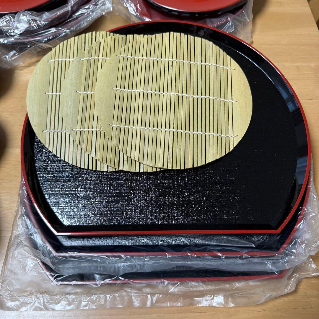 ざるそば 器 竹すだれ お盆　朱渕黒 セット　美品
