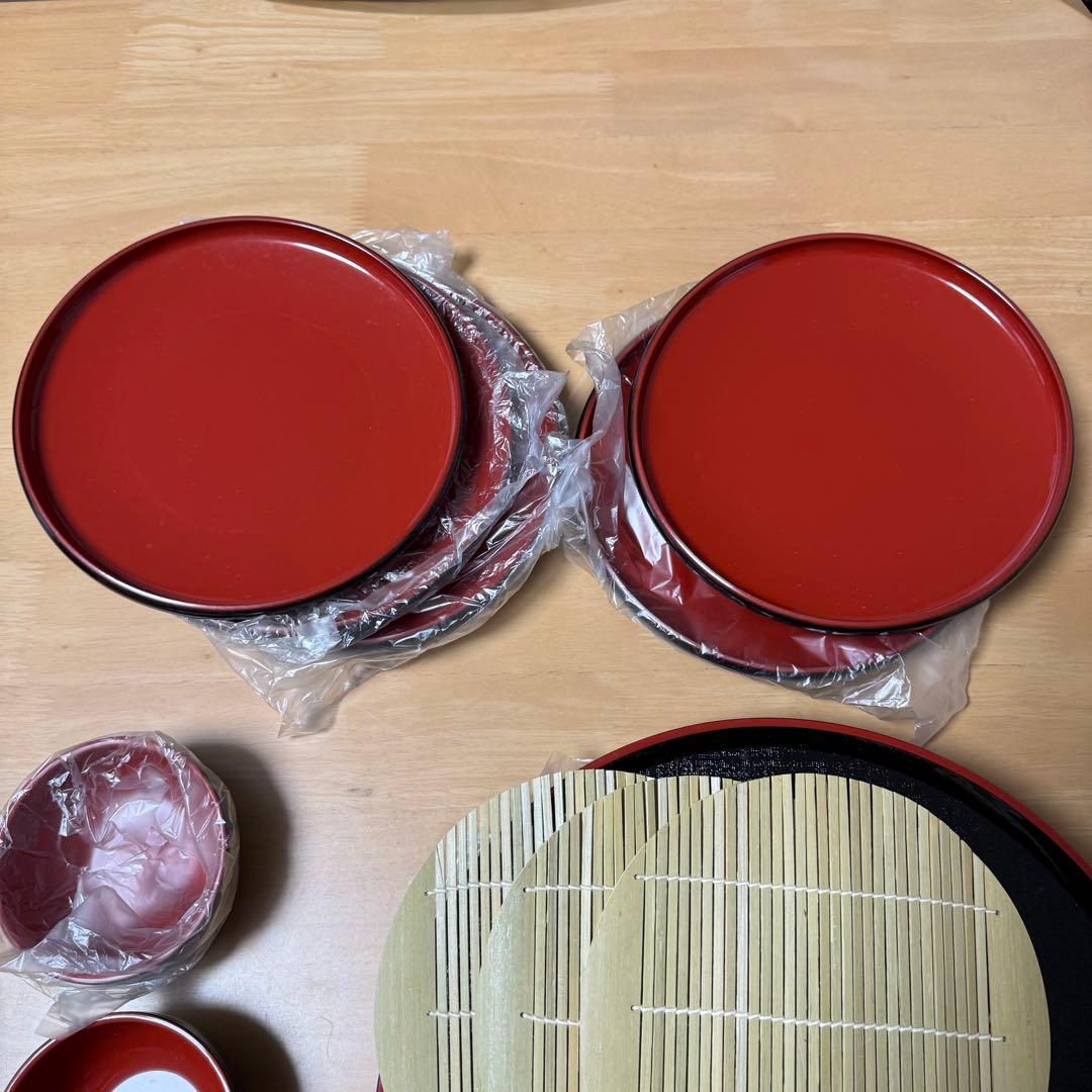 ざるそば 器 竹すだれ お盆　朱渕黒 セット　美品