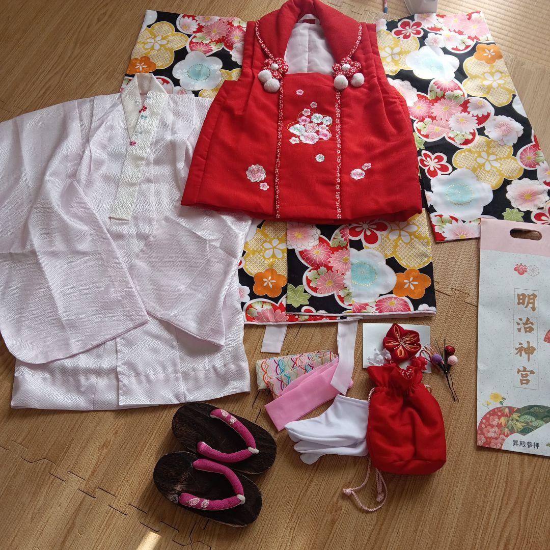 七五三用赤と多色の着物セット