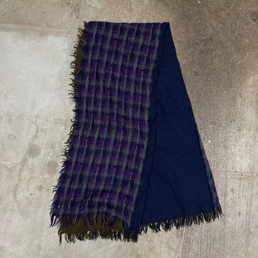 y's ダブル　レイヤード　ストール　ショール　ウール　チェック　ブラウン