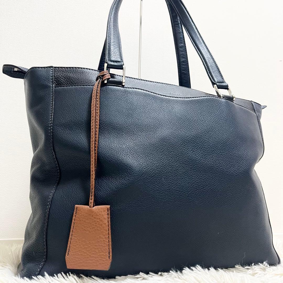 美品✨フジタカ トートバッグ レザー シボ 濃紺 日本製 肩がけ A4 大容量
