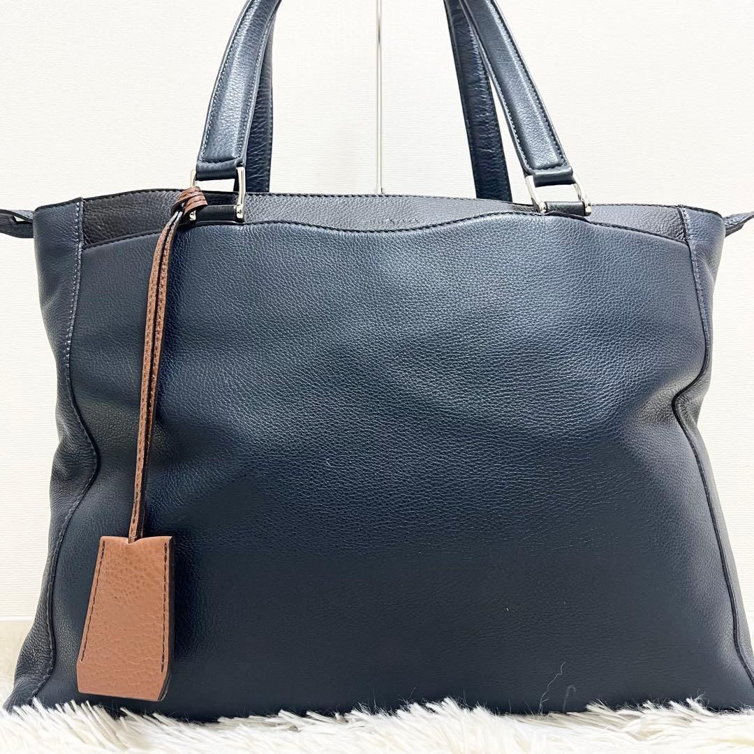 美品✨フジタカ トートバッグ レザー シボ 濃紺 日本製 肩がけ A4 大容量