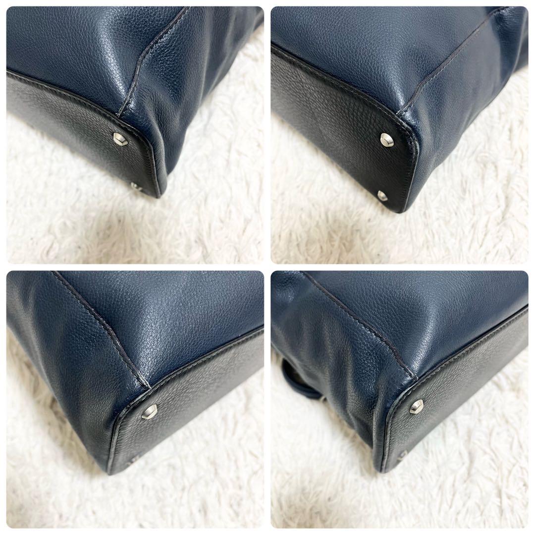 美品✨フジタカ トートバッグ レザー シボ 濃紺 日本製 肩がけ A4 大容量