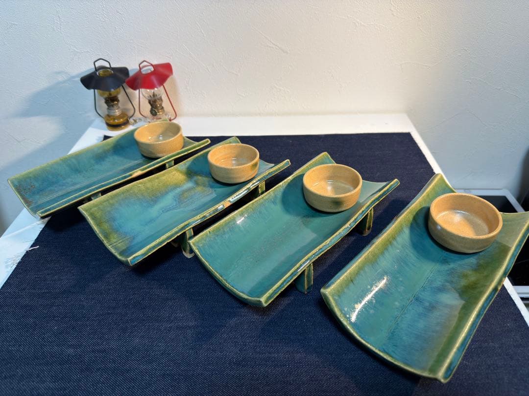 【至高の逸品】織部焼 南窯 足付長皿＆小鉢 4客セット 木箱付 豪華絢爛