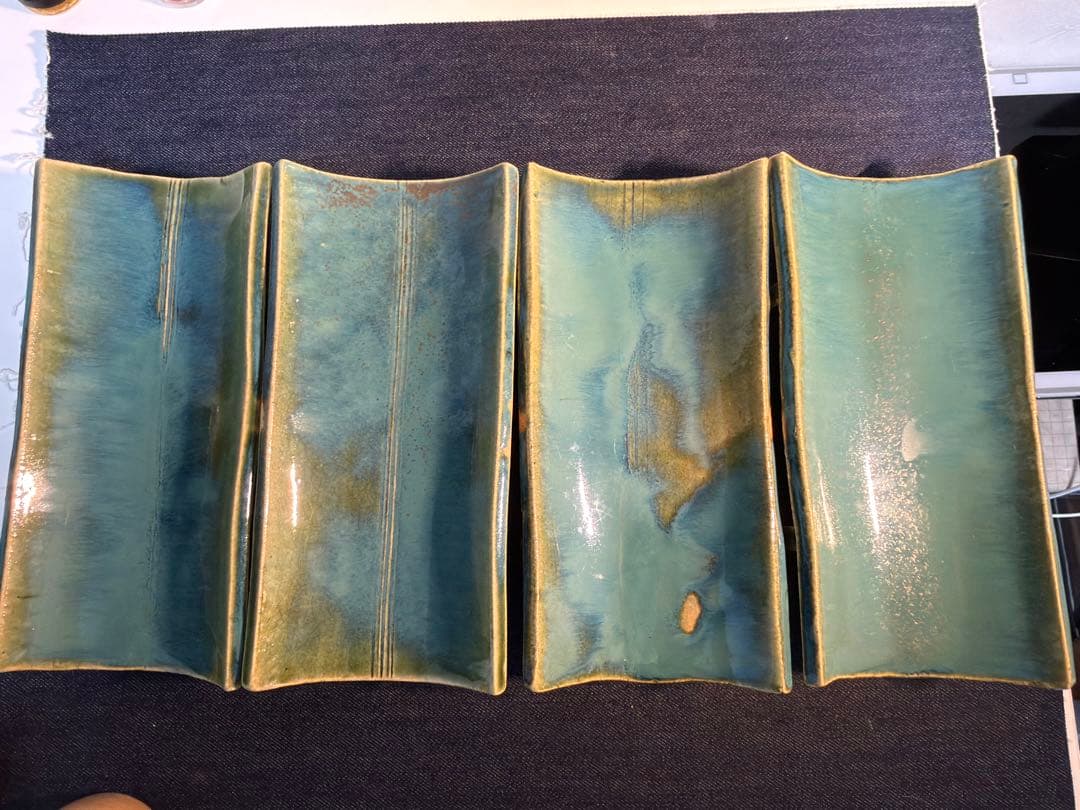 【至高の逸品】織部焼 南窯 足付長皿＆小鉢 4客セット 木箱付 豪華絢爛