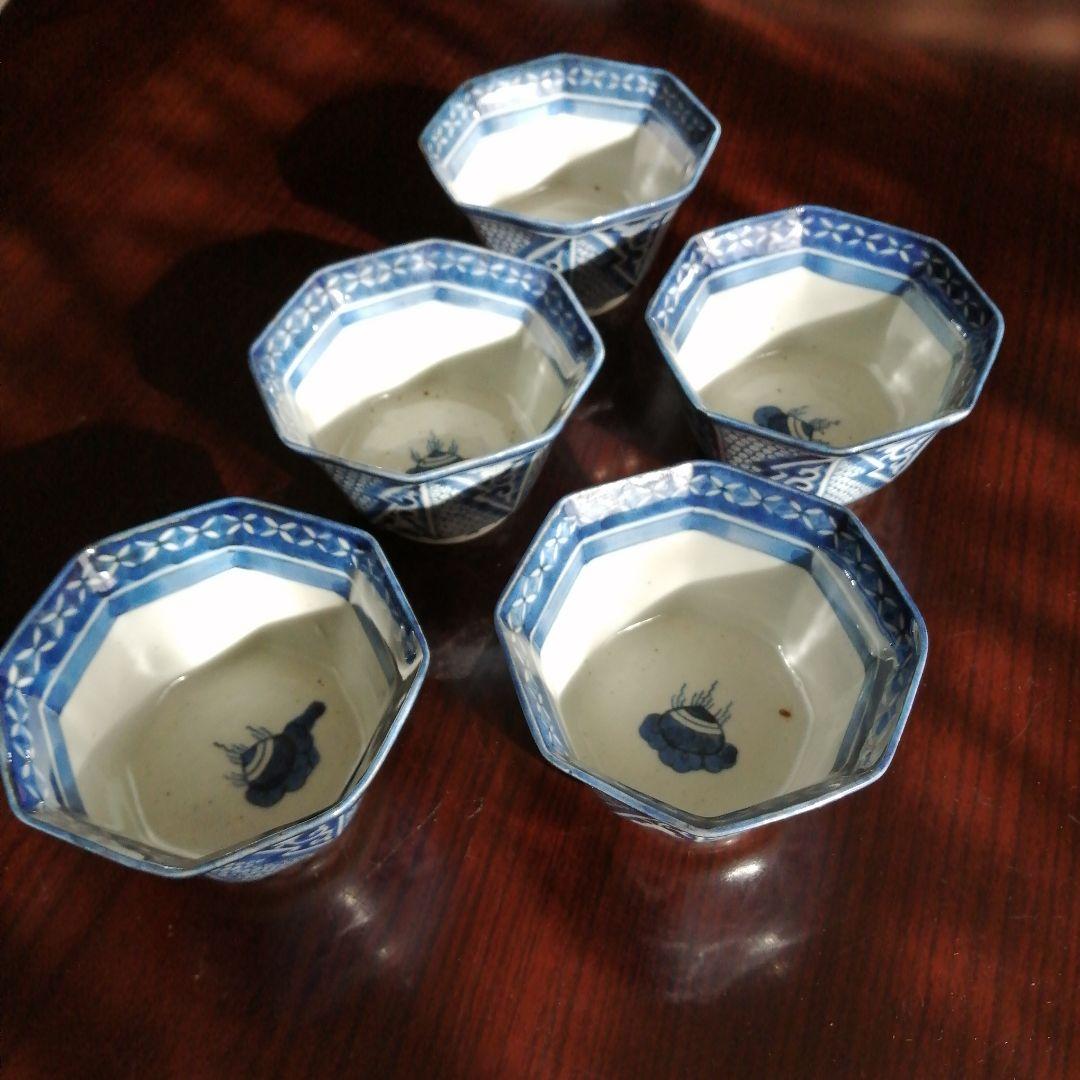 古伊万里　染付八角向付　5客　11cm　江戸後期