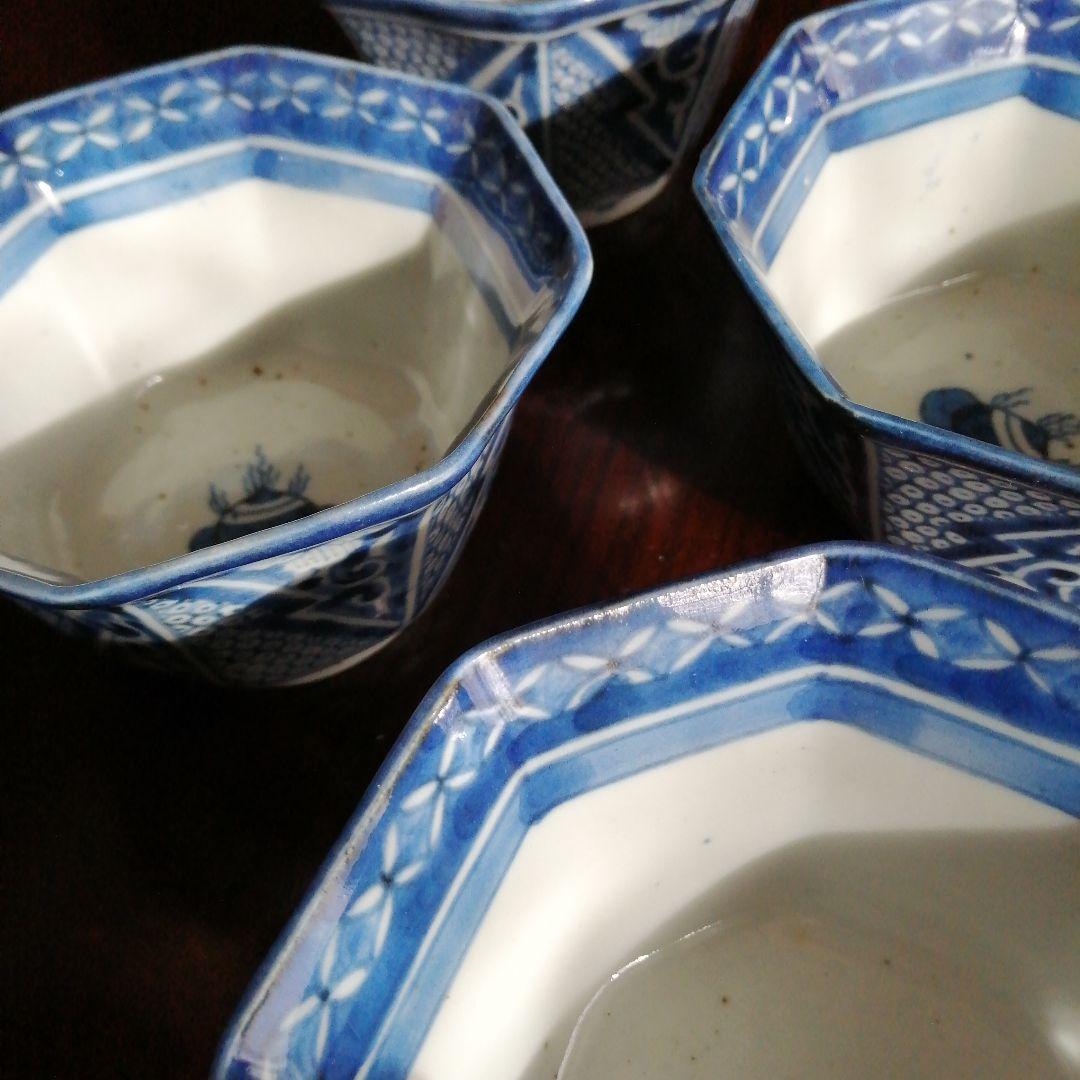 古伊万里　染付八角向付　5客　11cm　江戸後期