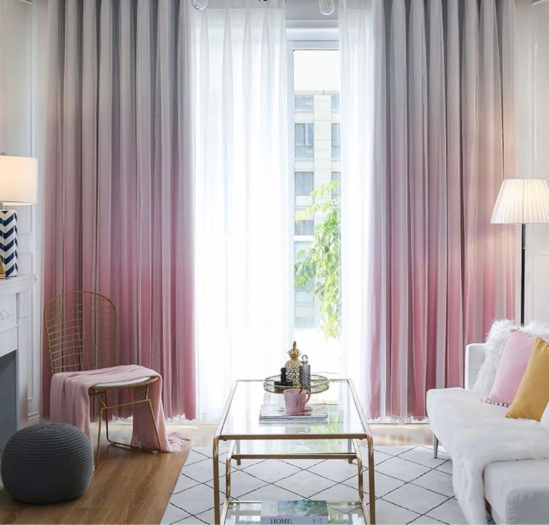 2枚入り カーテン 両開き セット グラデーションレース付ふわふわ一体型カーテン