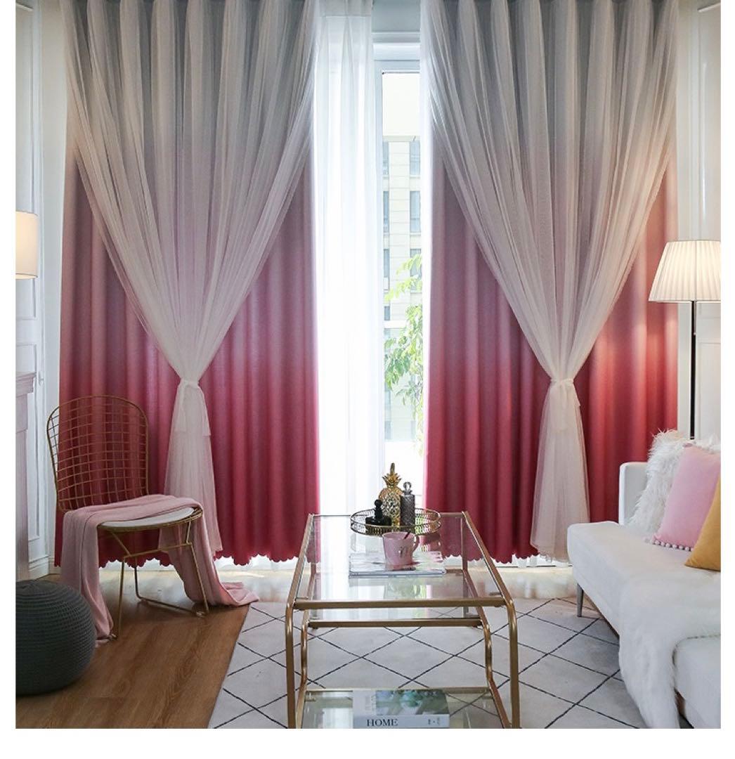 2枚入り カーテン 両開き セット グラデーションレース付ふわふわ一体型カーテン
