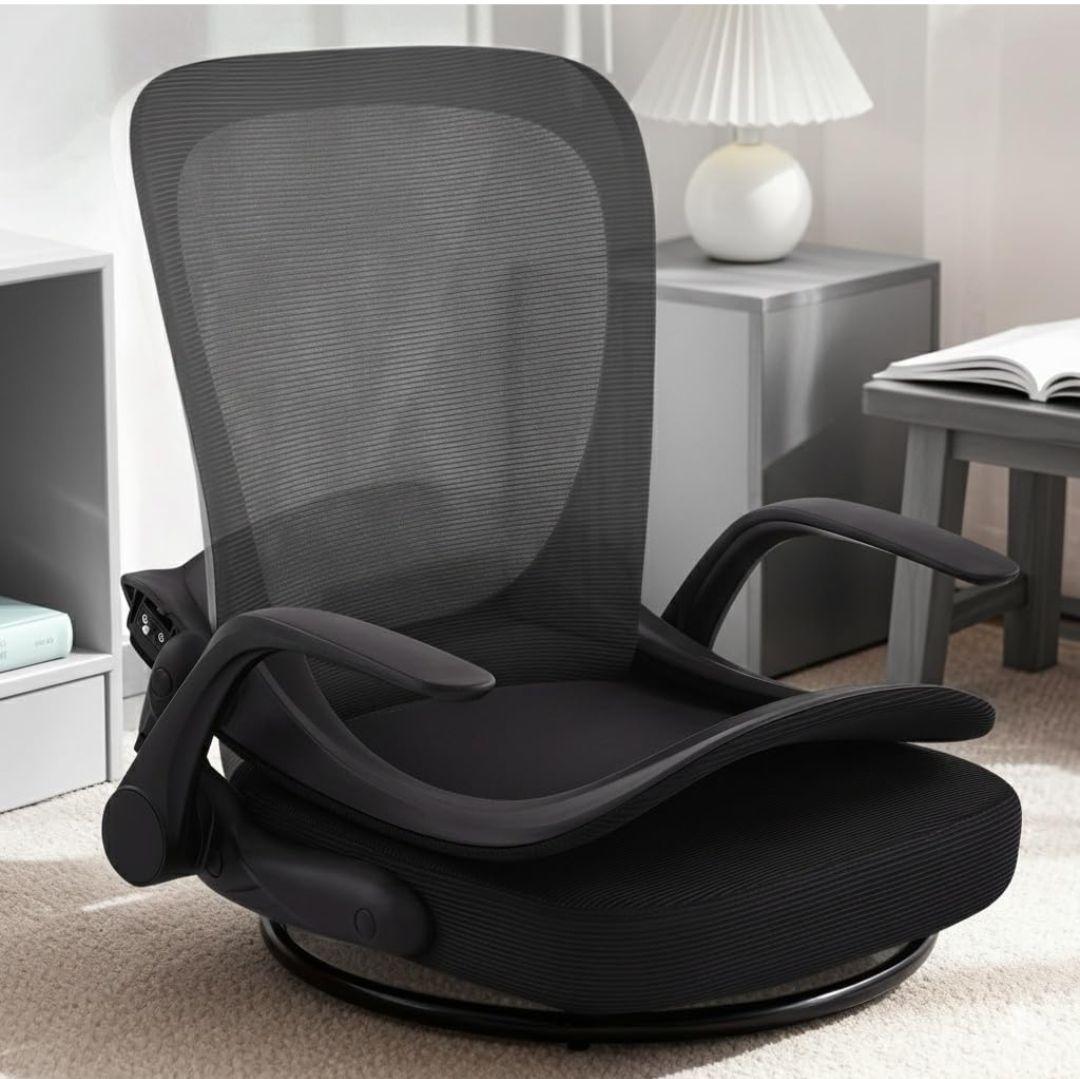 座椅子 折りたたみ 組立不要 360°回転 通気性メッシュ ひじ掛け Black