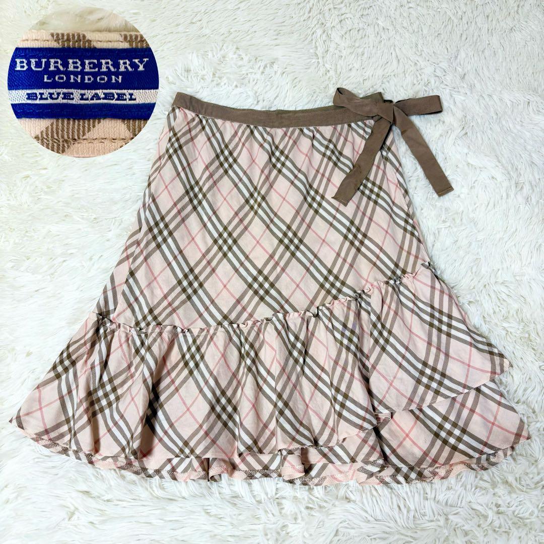 バーバリーブルーレーベル リボン ノバチェック フレア巻きスカート ピンク