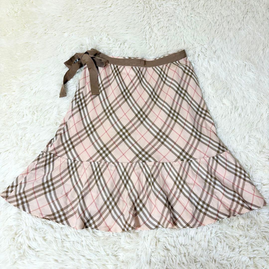 バーバリーブルーレーベル リボン ノバチェック フレア巻きスカート ピンク