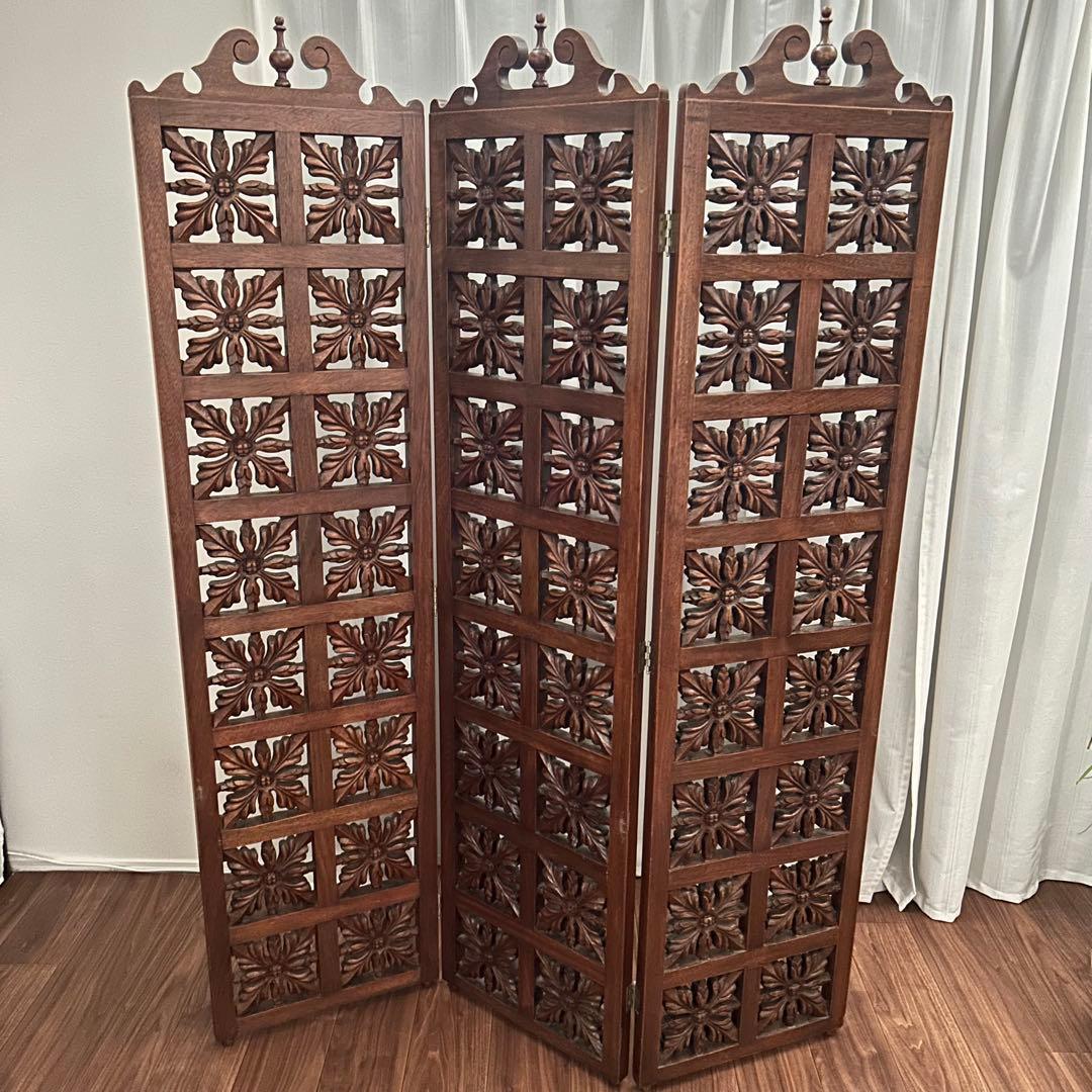 アジアン　バリ風　アンティーク 衝立 透かし彫り木製　彫刻　３連　パーテーション