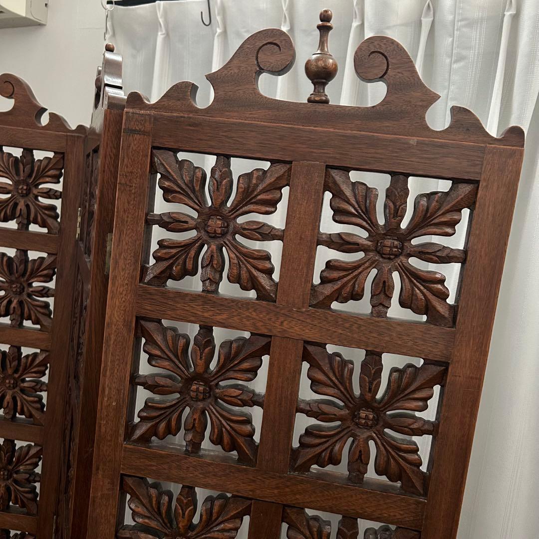 アジアン　バリ風　アンティーク 衝立 透かし彫り木製　彫刻　３連　パーテーション