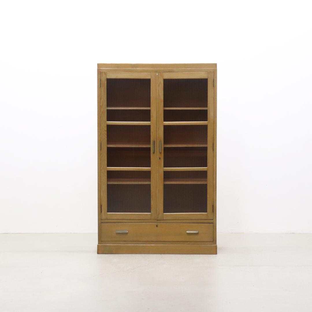 レトロ 無垢材 本箱 食器棚 書庫 戸棚 モールガラス キャビネット 水屋箪笥