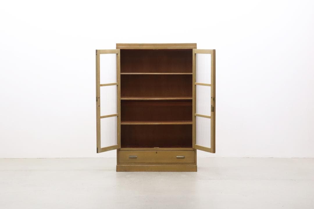 レトロ 無垢材 本箱 食器棚 書庫 戸棚 モールガラス キャビネット 水屋箪笥