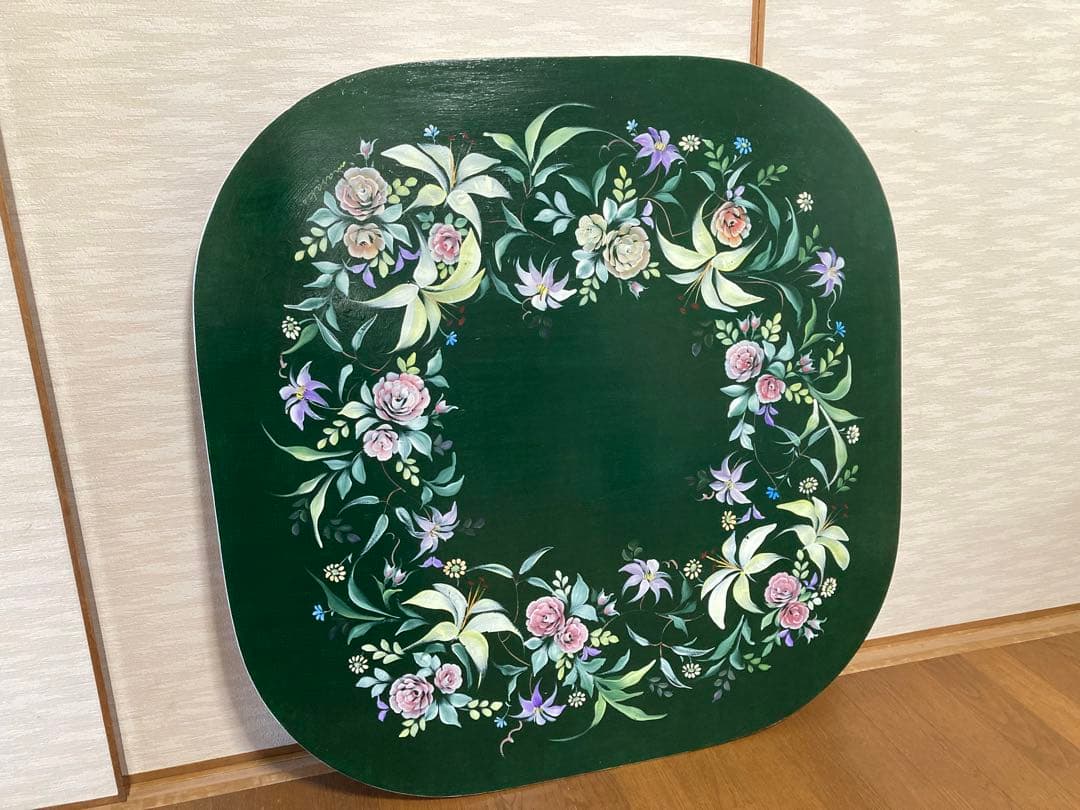 こたつ 天板 トールペイント 花柄 ピンク 緑 リメイク品 テーブル 机