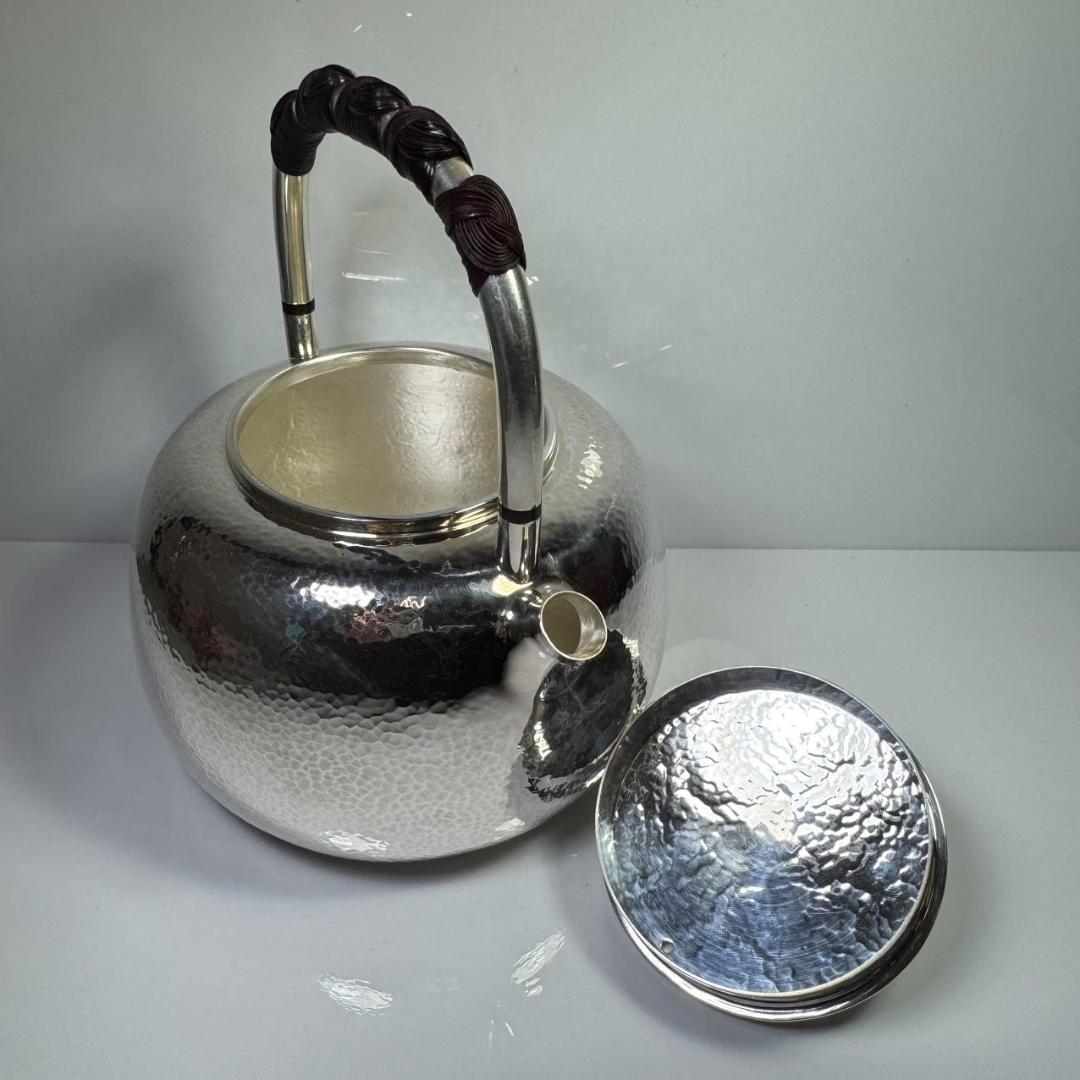 純銀製 一東齋造 湯沸 貴石摘 桐箱付 銀瓶 古美術品 煎茶道具 純銀保証