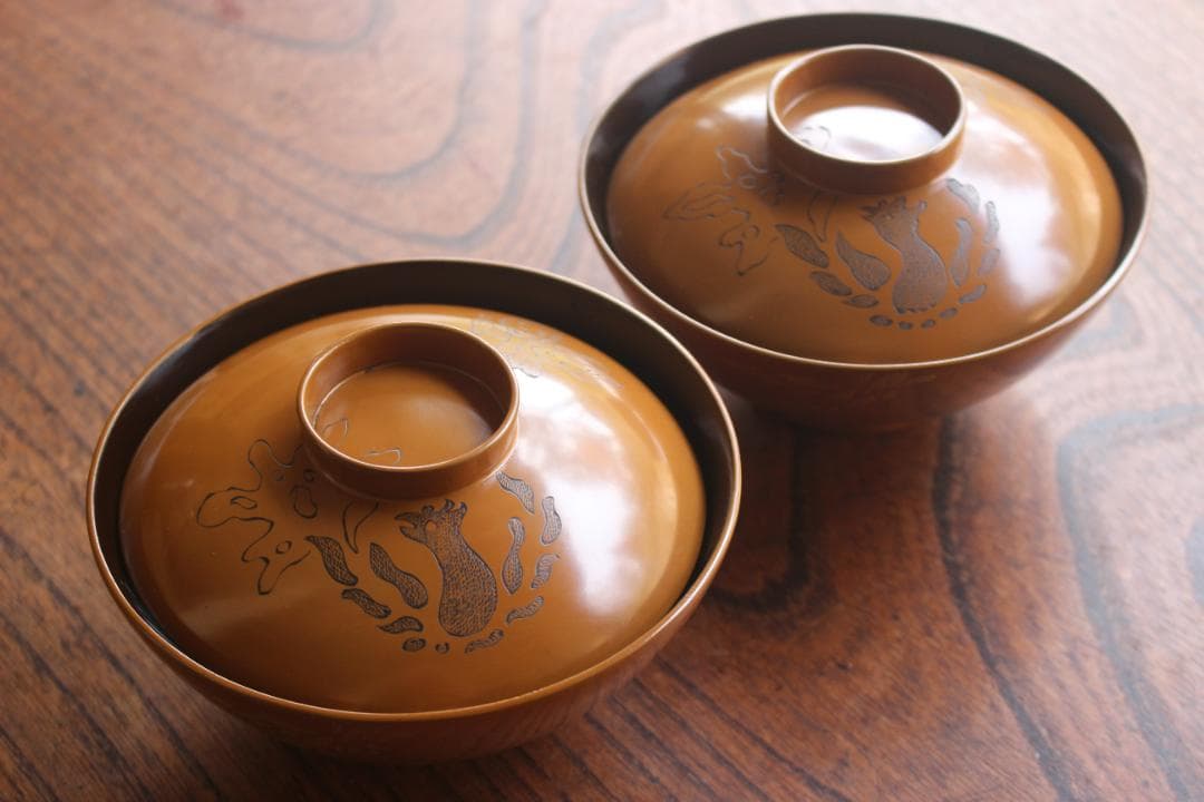 時代黄漆に風情ある沈金沈黒鳳凰文のお椀2点（検輪島塗京塗懐石椀蒔絵椀沈金椀