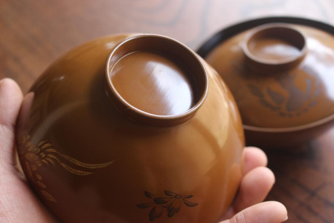 時代黄漆に風情ある沈金沈黒鳳凰文のお椀2点（検輪島塗京塗懐石椀蒔絵椀沈金椀