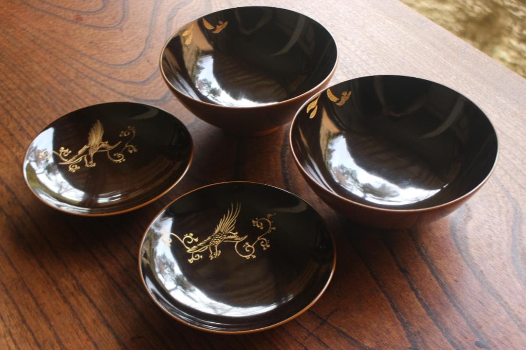 時代黄漆に風情ある沈金沈黒鳳凰文のお椀2点（検輪島塗京塗懐石椀蒔絵椀沈金椀