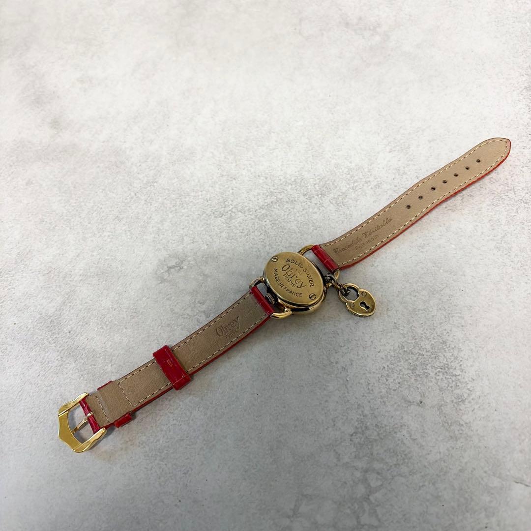 【美品✨新品電池】Obrey 腕時計　銀無垢　純正クロコダイルベルト 替ベルト付