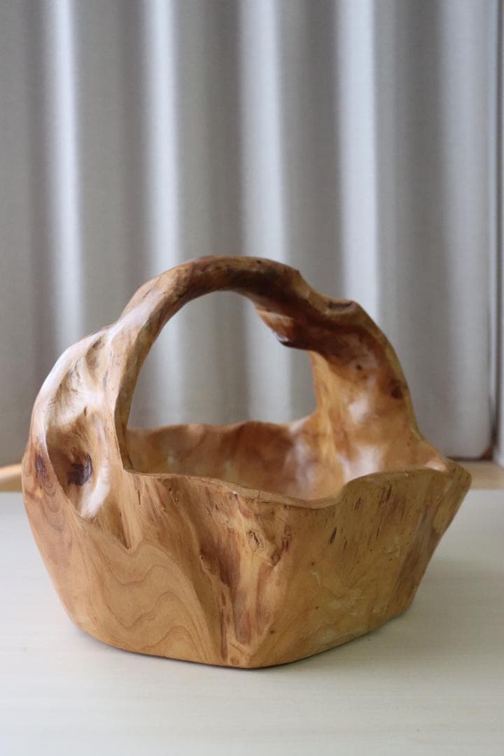 天然木　無垢材　くり抜き　手籠　花かご　果物かご