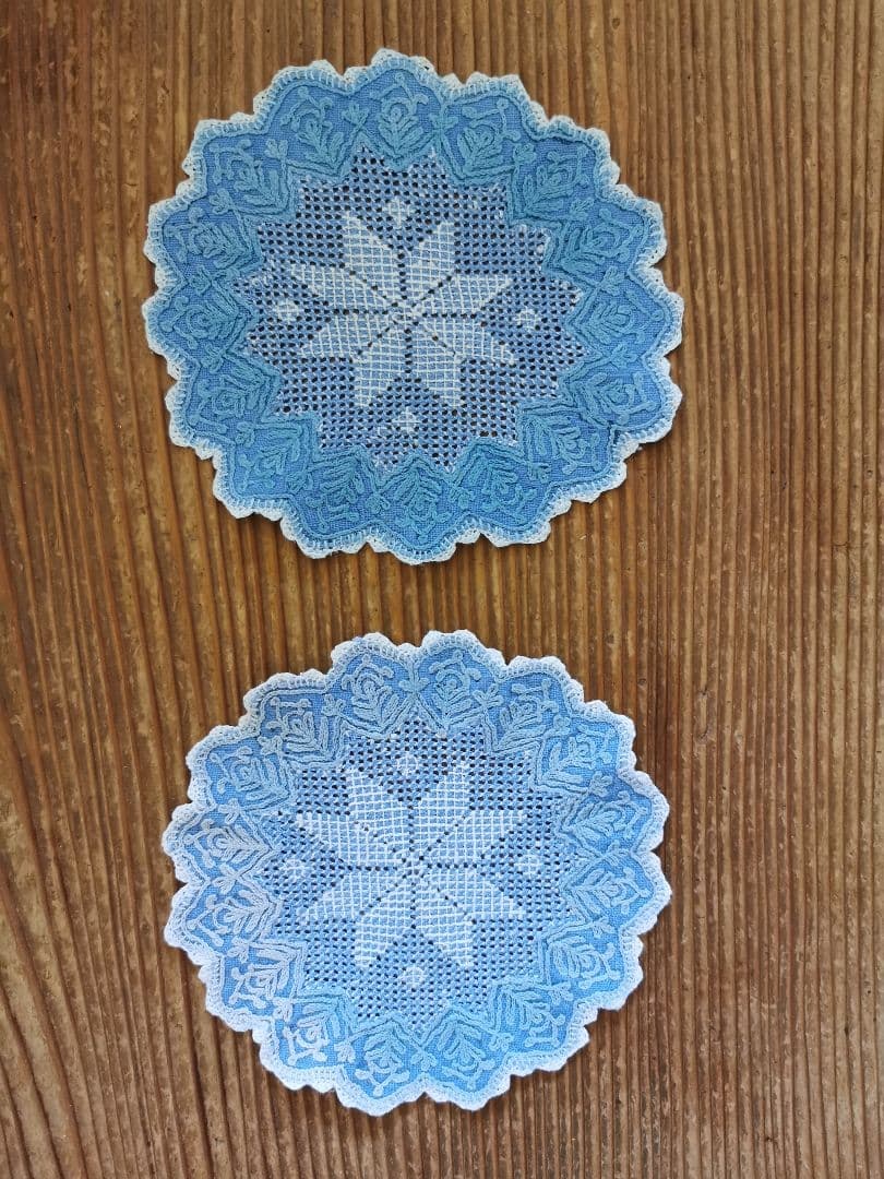 アンティークイタリア インディゴ染 ブラッドレーススカラップドイリー ３枚セット