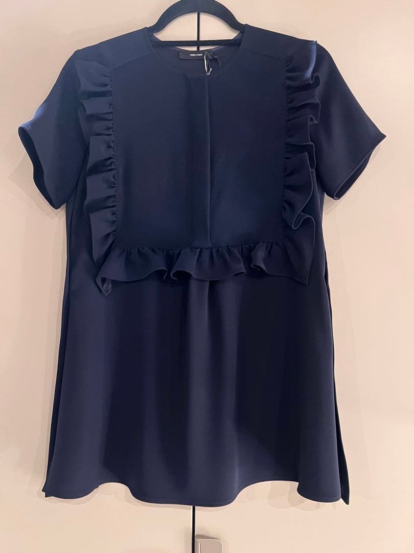 定価7万⭐︎ヨーコチャン　ハーフスリーブフリルトリムブラウス　半袖　ネイビー　36